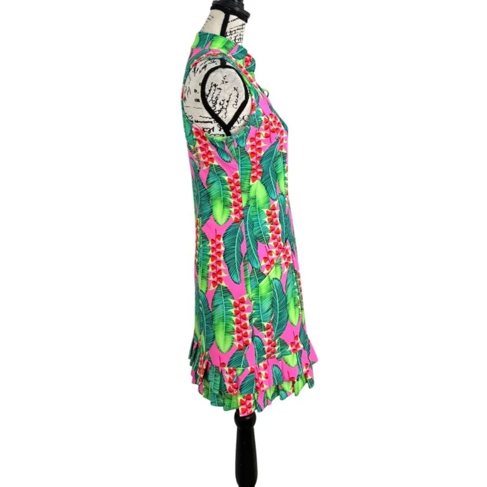 Tzu Tzu Sleeveless Dress Tropical Leaf Print Ruffle-Hem Green Pink USA Size S - Picture 2 of 7